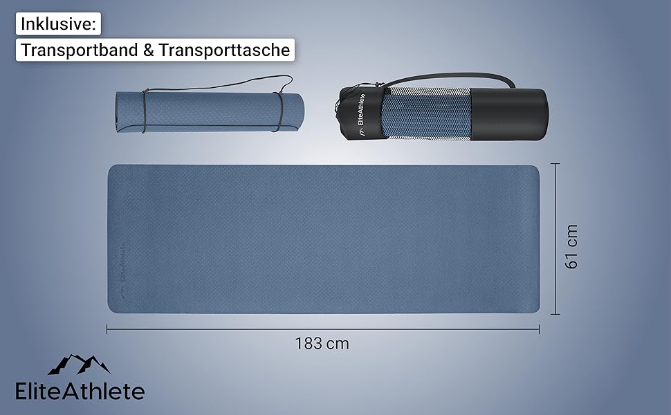 Килимок для йоги EliteAthlete - Спортивний килимок - Килимок для фітнесу - Гімнастичний килимок з м'якою підкладкою та нековзкою для фітнесу, для пілатесу - Килимок для йоги - 183 см x 61 см x 0,6 см - Тренувальний килимок з урахуванням транспортувального ременя сумка чорно-темно-синій