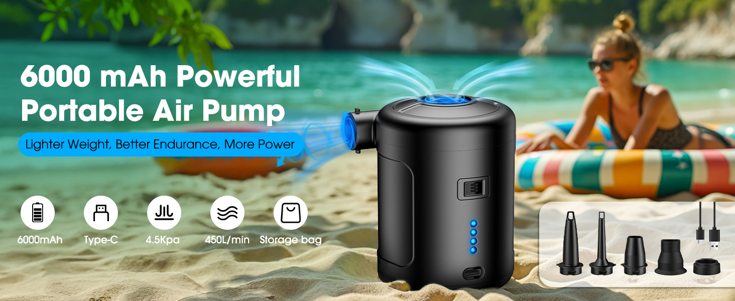 SUPPOU Електричний повітряний насос 6-в-1, портативний акумуляторний насос 6000mAh для матраців, басейнів, човнів - чорний