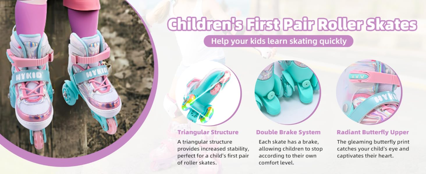 Дитячі ролики для дівчаток, 4 розміри, регульовані, безпечні, з дихаючим верхом, для початківців (XS: 25-27.5 EU)