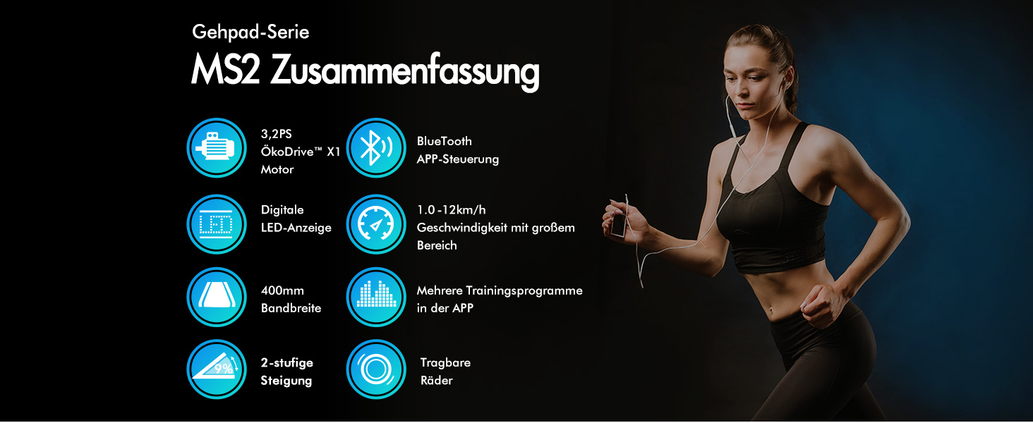 Walkingpad Laufband BLACK LORD MS2: біговий доріжки, 9-16 км/год, регулювання нахилу до 9%, 2.2-3.2 PS, до 140 кг, портативний, тихий, LED-дисплей, додаток, для дому та офісу, біг, фітнес-машина (чорний)