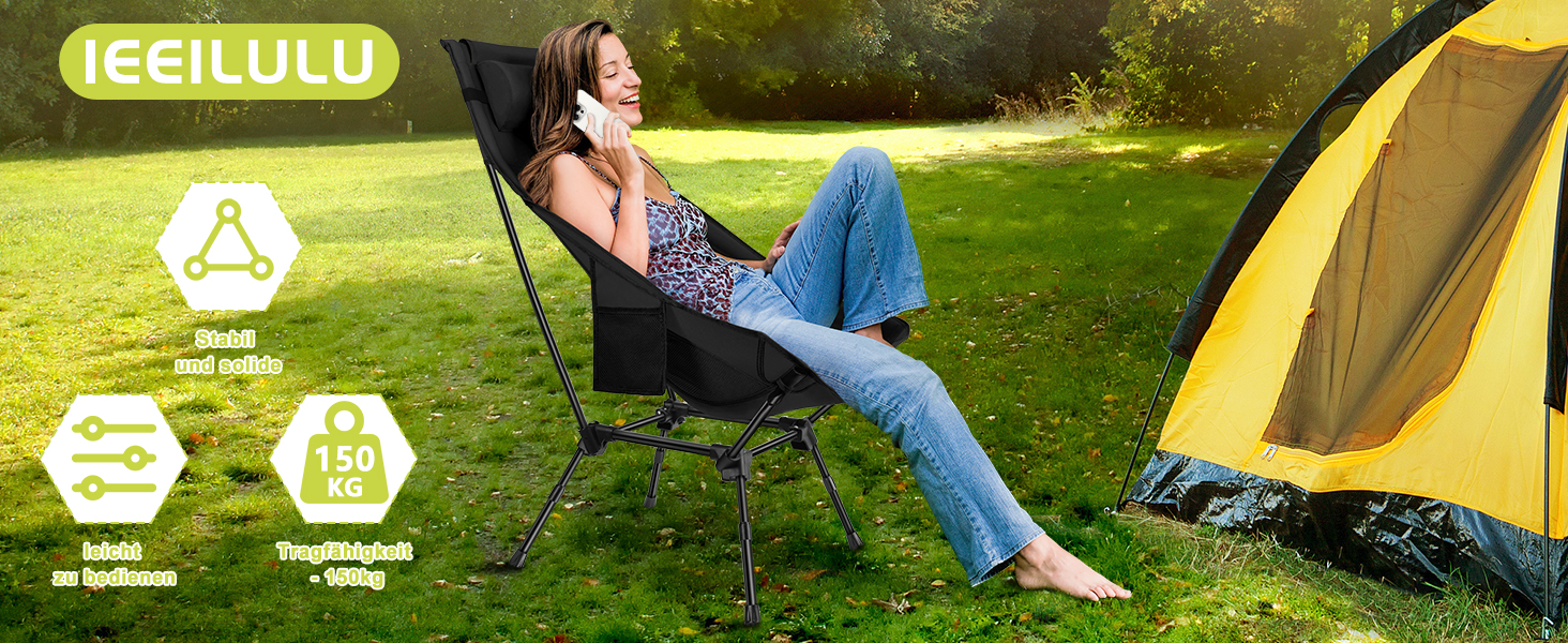 Складний туристичний стілець IEEILULU з високою спинкою, чорний. Макс. навантаження 130 кг, 2 кишені. Підходить для кемпінгу, риболовлі, пікніків та відпочинку на природі.