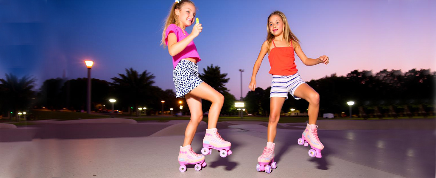 Роликові ковзани XUDREZ з підсвічуванням для дітей та дорослих, рожевий принт, Quad-Skates, регульовані, для дівчаток, дам та початківців, розмір 34