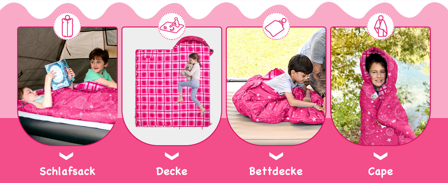 Спальний мішок KingCamp для дітей, фланелевий, легкий, водонепроникний, компактний, зимовий, 4 сезони, для кемпінгу, підходить для дітей до 140 см, комфортна температура: 7°C, рожевий, регульована довжина