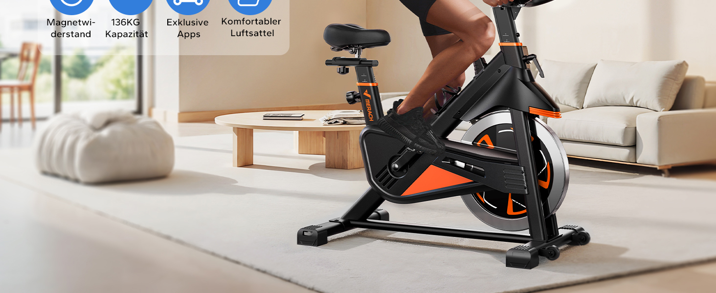 Велотренажер MERACH з магнітним опором, тихий, з амортизованим сидінням, LED-монітором та власним додатком для кардіотренувань вдома, помаранчевий