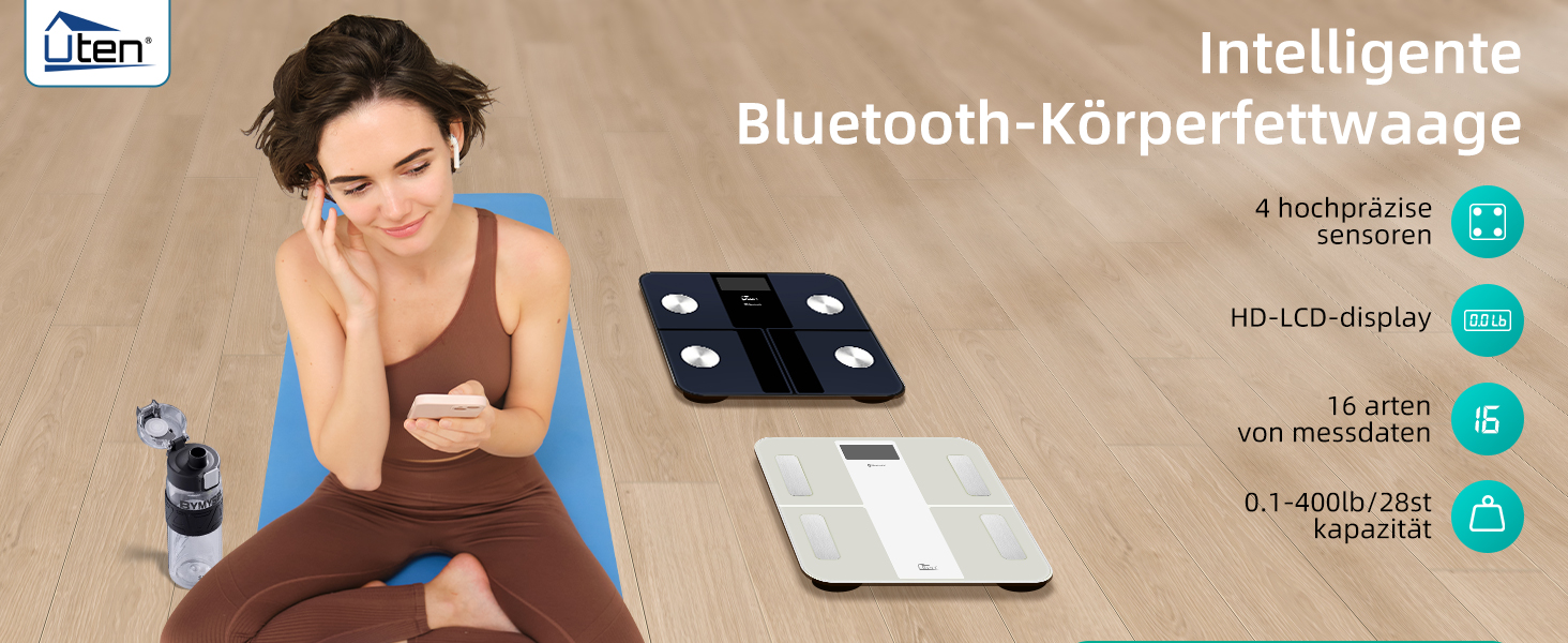 Ваги тіла з аналізом складу тіла Bluetooth Uten - цифрові ваги для тіла, 180 кг, білий