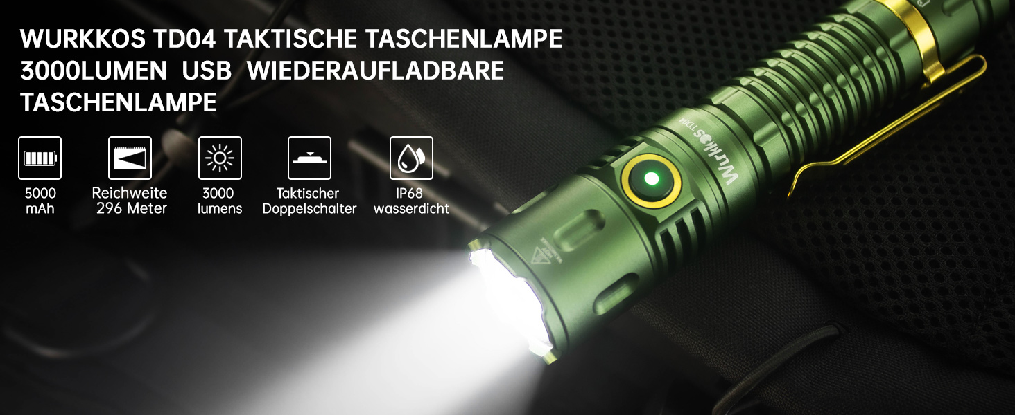 Wurkkos TD04 тактичний ліхтарик 3000 люмен, LED, акумуляторний, 8 режимів, IP68, водонепроникний, для активностей на відкритому повітрі та в приміщенні, зелений