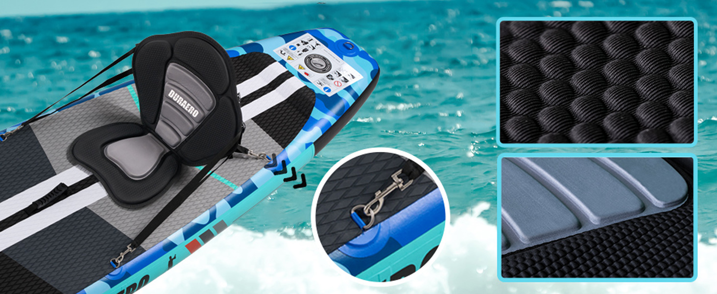 Надувний SUP-борд для веслування стоячи з каяковим сидінням, 330x76x15 см, вантажопідйомність до 150 кг, кріплення Cam, інтегрована підставка для ніг, 3 плавники, регульоване дволопатеве весло, повний комплект аксесуарів, блакитний камуфляж