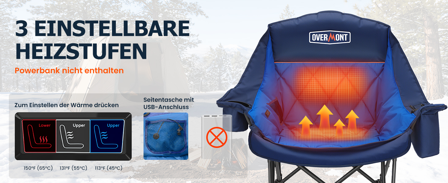 Обідній стілець для кемпінгу OVERMONT з підігрівом XL, розкладний, для відпочинку на природі, риболовлі, блакитний