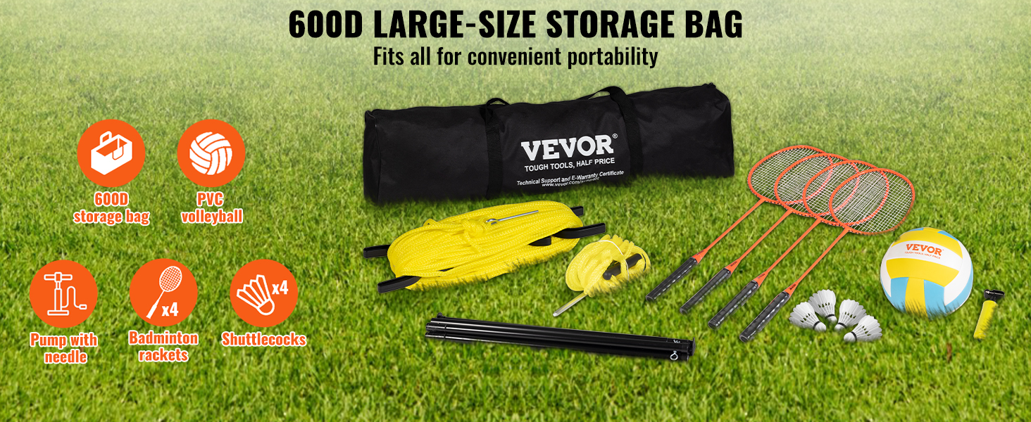 Мережа для волейболу та бадмінтону VEVOR, регульована по висоті, 91,44 x 970 см, портативна, оранжева, складана, з сумкою та ракеткою для бадмінтону