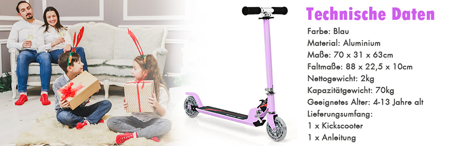 Дитячий ролер COSTWAY з LED-колесами, регульована висота, для дітей від 4 років, до 70 кг, ролер-каталка для хлопчиків та дівчаток (фіолетовий)