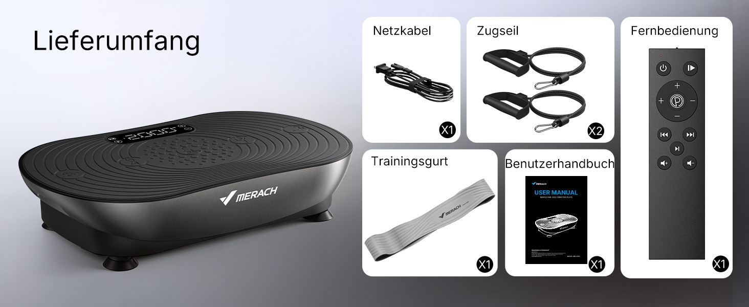Вібраційна платформа MERACH для тренувань та формування тіла, 99 рівнів швидкості, Bluetooth, LED-дисплей, еластичні ремені, чорний