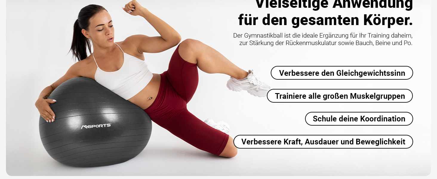 М'яч для фітнесу MSports Gymnastikball Premium: фітбол для пілатесу, фітнесу та сидіння. Антивибуховий, з насосом, додатком та інструкціями. Діаметр 55-105 см.