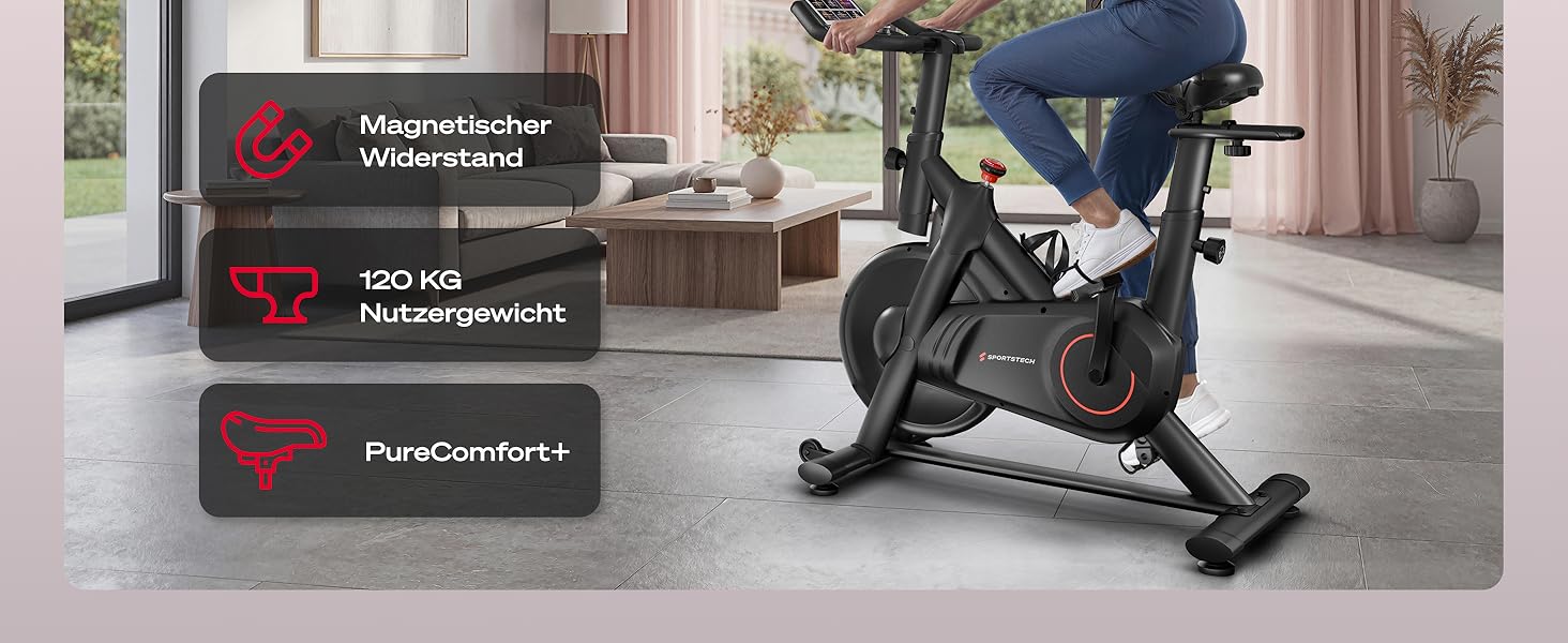 Велотренажер Sportstech SX175: Індоор-велосипед для дому з регулюванням магнітного опору, LED-дисплеєм, підтримкою додатків та вагою до 120 кг