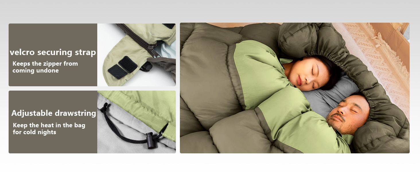 Зимовий спальний мішок BISINNA для 2 дорослих, 3 сезони, для кемпінгу та подорожей на автодомі (4.2 кг), зелений