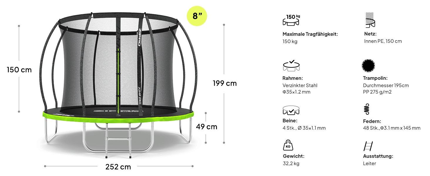 ZIPRO JumpPro Premium Трамплін для дітей Outdoor, Садовий трамплін з сіткою, Водостійкий, UV-захист, Легка збірка, Максимальне навантаження до 150 кг, Ø 252/312/374/435/496 см (10' - 252 см)