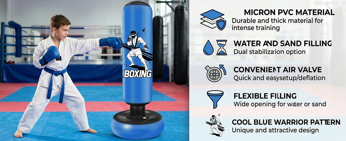 Боксерський мішок надувний для дітей 168 см з рукавичками та насосом, блакитний, з мотивом бійця, для дому, 5-12 років, для Karate та Taekwondo