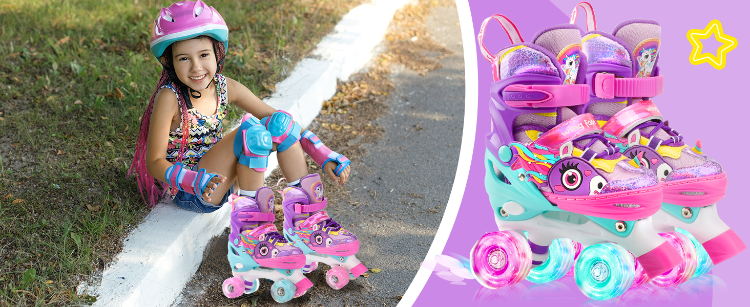 Дитячі ролики Єдиноріг для дівчаток та хлопчиків, регульовані розміри, світлові колеса, ролики-човники для початківців, фіолетовий колір