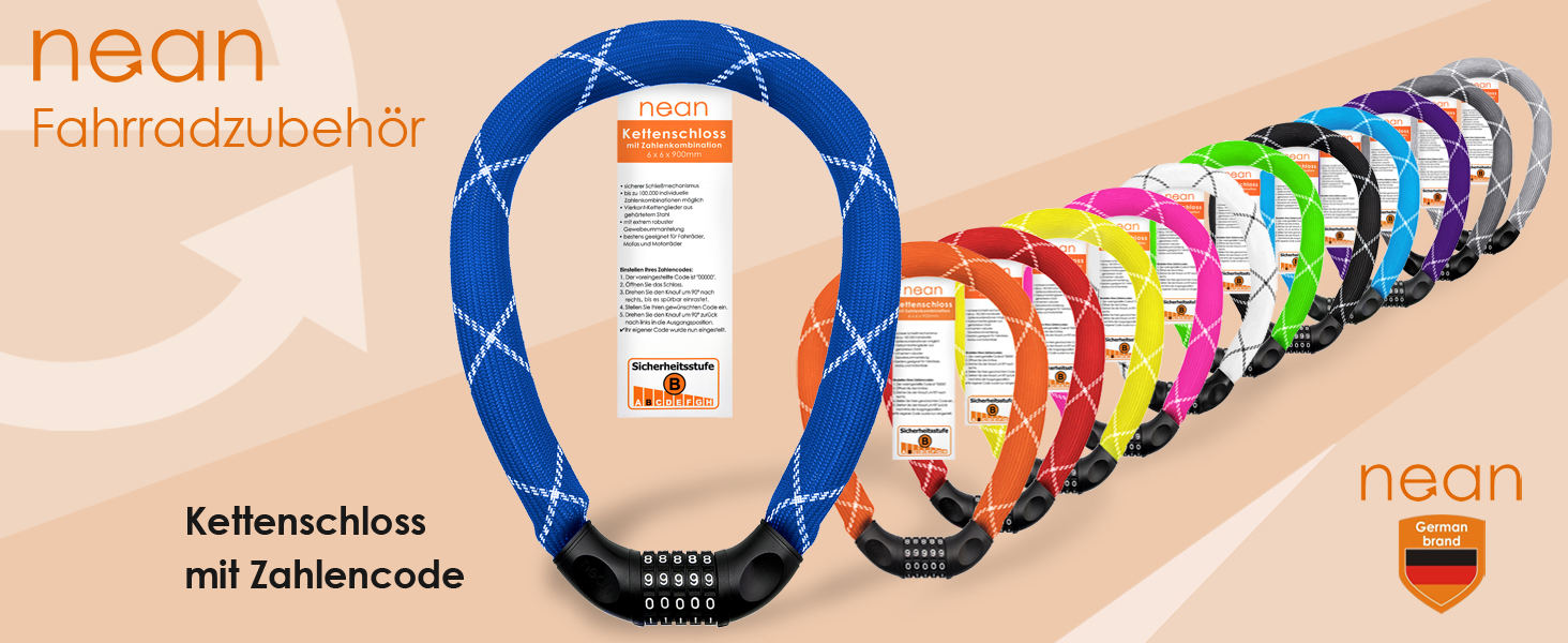 Надійне велозамок Nean з кодом, 6x6x900 мм, сталевий ланцюг, синій