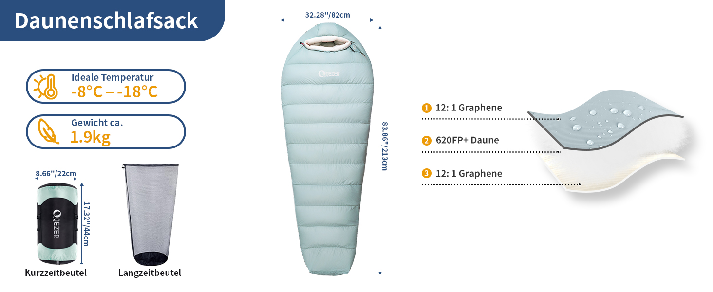 Спальний мішок зимовий Daunenschlafsack з графеновим покриттям, -24°C, 620FP, 1500г пуху, для кемпінгу, трекінгу, гірських походів (світло-зелений)