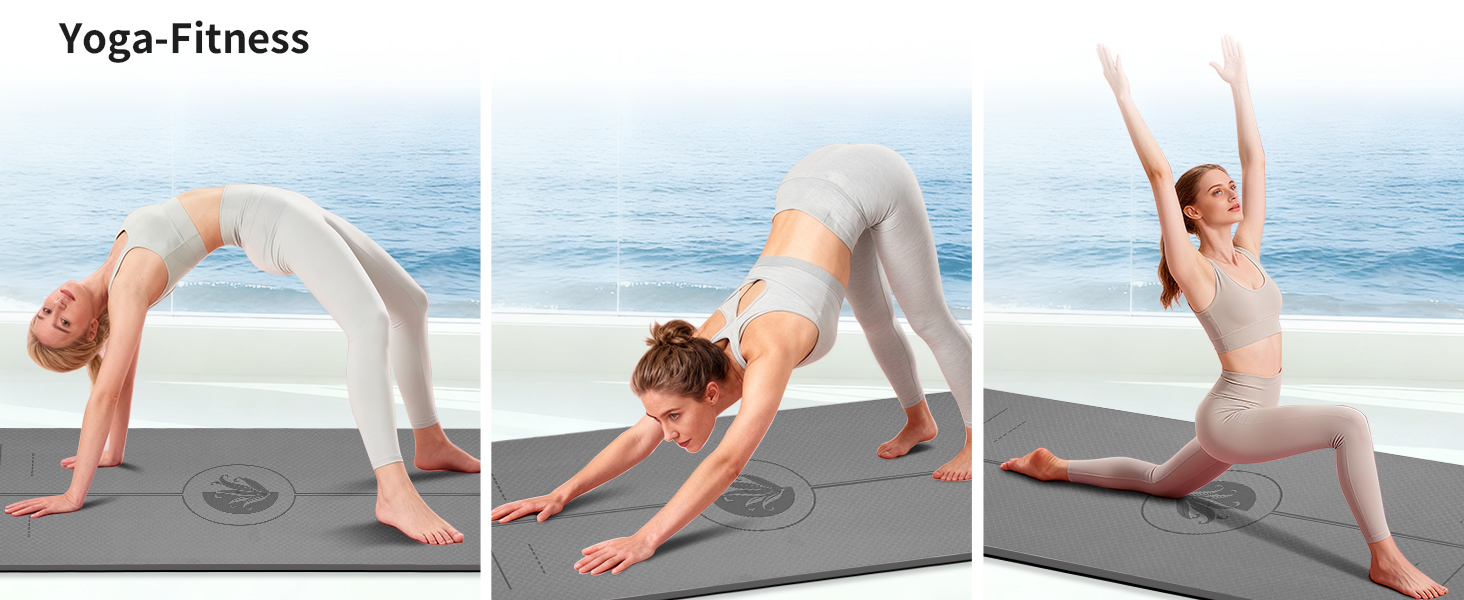 Протиковзкий килимок для йоги та пілатеса з еко-каучуку та TPE, 6мм, сірий — з лініями розмітки та ременем для перенесення