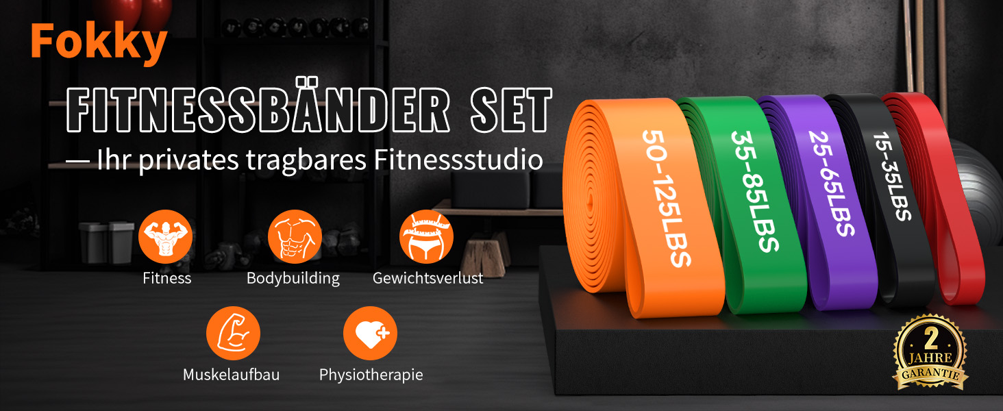Набір фітнес-гумок Fokky Fitnessbänder - 5 шт., гумки для фітнесу з кріпленням для дверей та захисними накладками, для силових тренувань, розвитку м'язів, кросфіту. Кольори: червоний, чорний, фіолетовий, зелений, помаранчевий