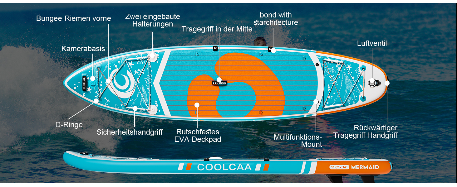 Дошка для веслування COOLCAA 354 см x 86 см x 15 см з преміальними аксесуарами SUP, вантажопідйомність до 210 кг, SUP дошка для дорослих і підлітків всіх рівнів 11'6'x34'x6 НОВИНКА