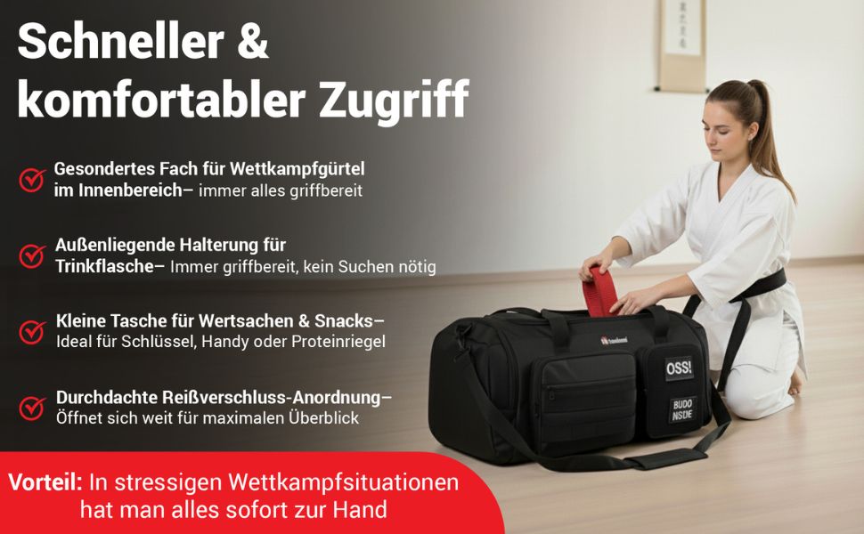 Спортивна сумка для бойових мистецтв 50L чорна для дзюдо, джиу-джитсу, карате з окремими відділеннями та відділенням для взуття