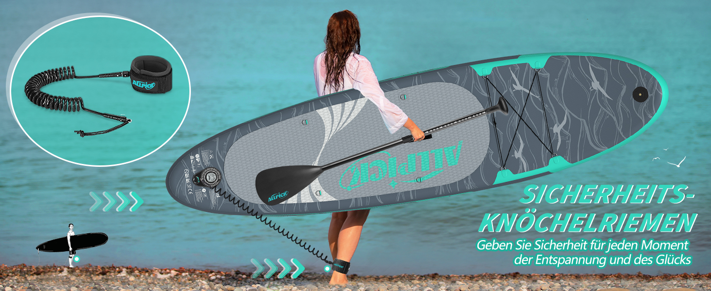 Надувний SUP-борд ALLPICK Premium Set: Комплект для станд-ап паділінгу з аксесуарами, кріпленням для камери та регульованим веслом (200 кг, Сіво-бірюзовий)