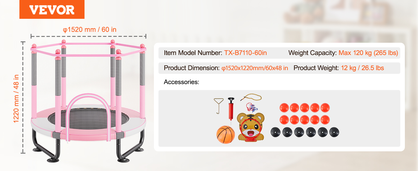 Батут дитячий VEVOR Outdoor 1545 мм з сіткою та баскетбольним кільцем, рожевий. Для дітей від 3 років.