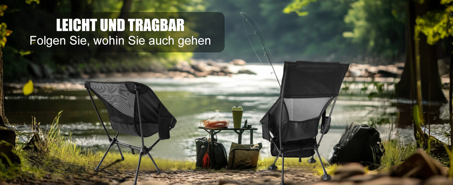 Зручний складаний стул для кемпінгу Bindokun, 120 кг, ультралегкий, з кишенями та підголівником, чорний