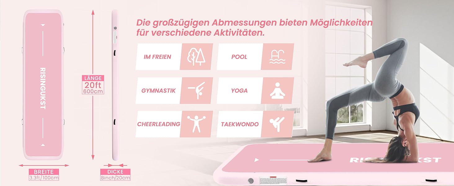 Надувна гімнастична матка Air Matte Track - 600x100x20 см (зелена та рожева) з повітряним насосом