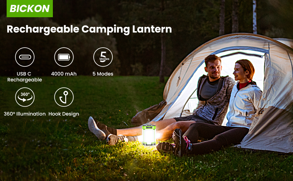 Ліхтар намету BICKON: 60 LED, 25 годин роботи, 4000mAh, 5 режимів, регулювання яскравості, для кемпінгу, походу, надзвичайних ситуацій