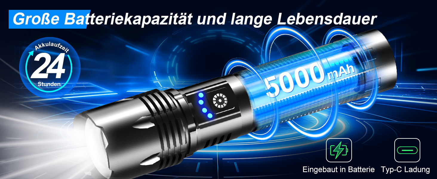 Тактичний ліхтарик LED 50000 люмен, USB-C, 24 години роботи, Zoom, 5 режимів, IP67, водонепроникний, для кемпінгу та туризму, чорний
