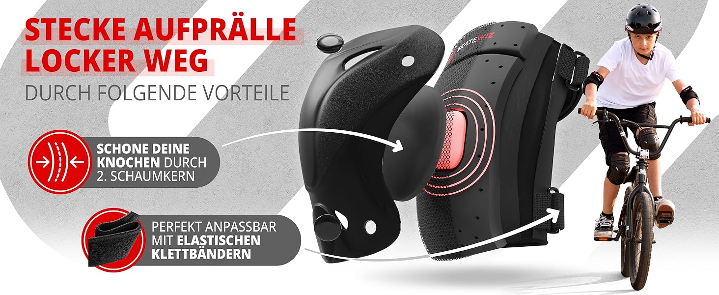 Набір захисту SKATEWIZ 6 шт. для дітей та дорослих - наколінники, налокітники, захист зап'ястків, чорний Protect-1 XS