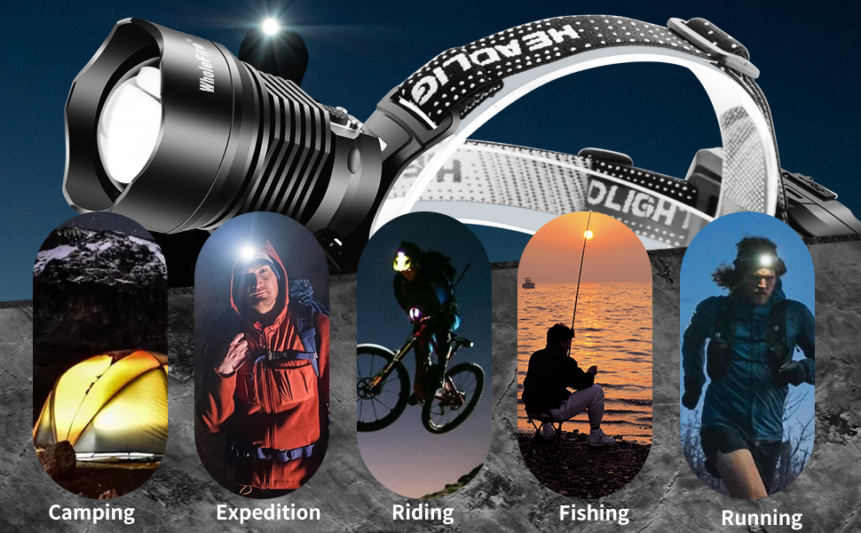 LED налобний ліхтар WholeFire XHP90 з 3 режимами, 15000 люменів, USB, водонепроникний, з регулюванням фокусу, потужний, для кемпінгу, бігу та іншого