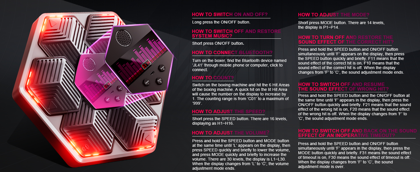 Музична боксерська машина для дорослих - 16 швидкостей, 14 режимів, Bluetooth, LED-підсвічування, з підрахунком ударів