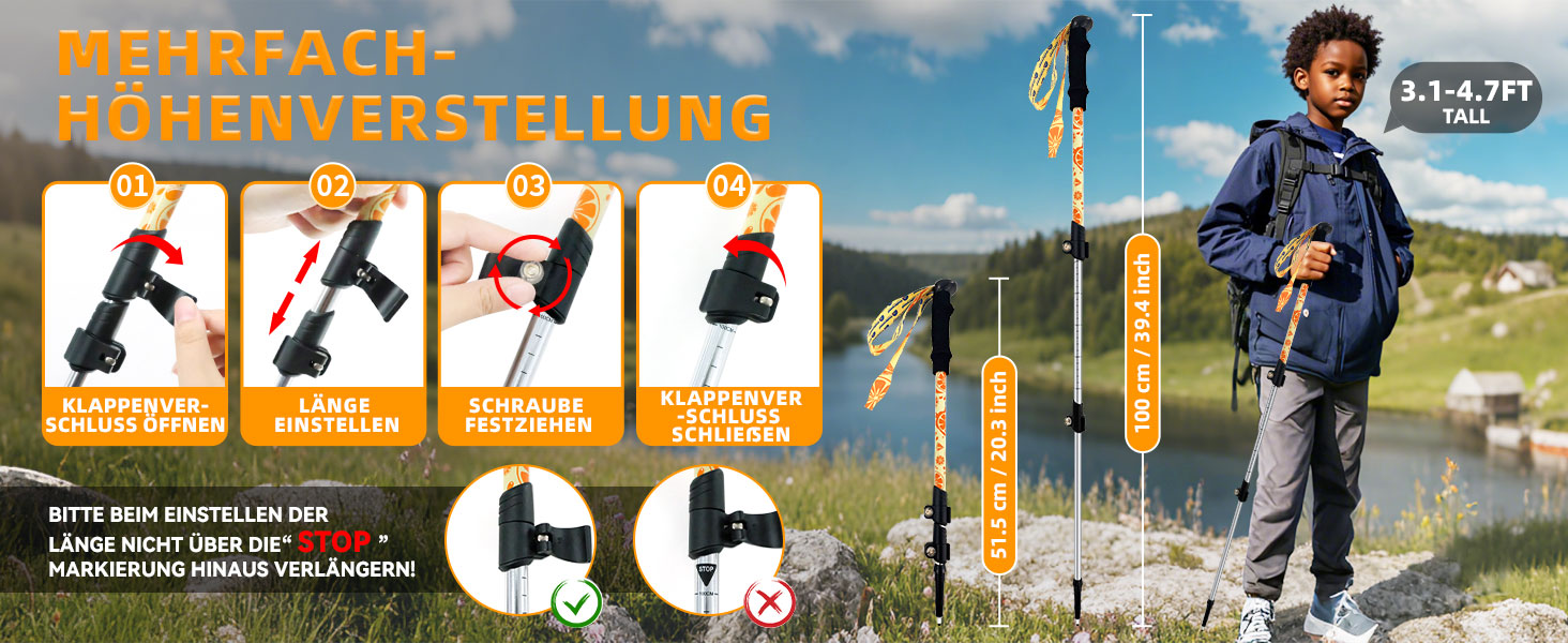 Дитячі телескопічні трекінгові палиці UnderwoodAggregator для походів та лиж, легкі алюмінієві палиці для дітей 6-12 років, жовті, 2 шт.