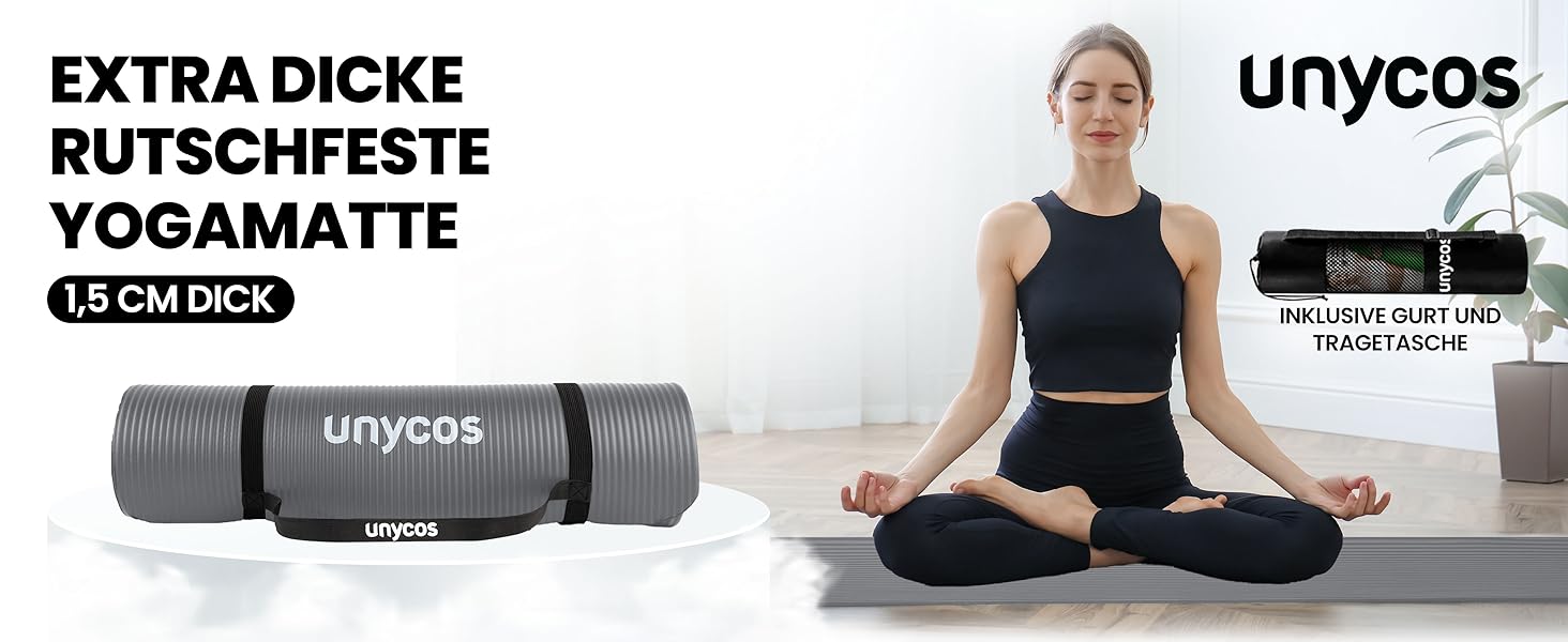 Йога мат Unycos: неслизька, високої щільності (6/10/15 мм) з ременем для перенесення. Підходить для пілатесу, фітнесу та гімнастики. Розмір: 183*60*1.5 см, колір сірий (#10). В комплекті E-Book