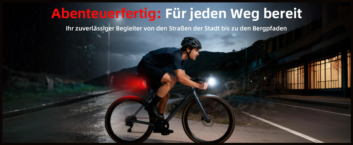 Набір переднього та заднього велоліхтаря з LED, StVZO, USB-C, водонепроникний, 100Lux + гальмівний індикатор, з батареєю