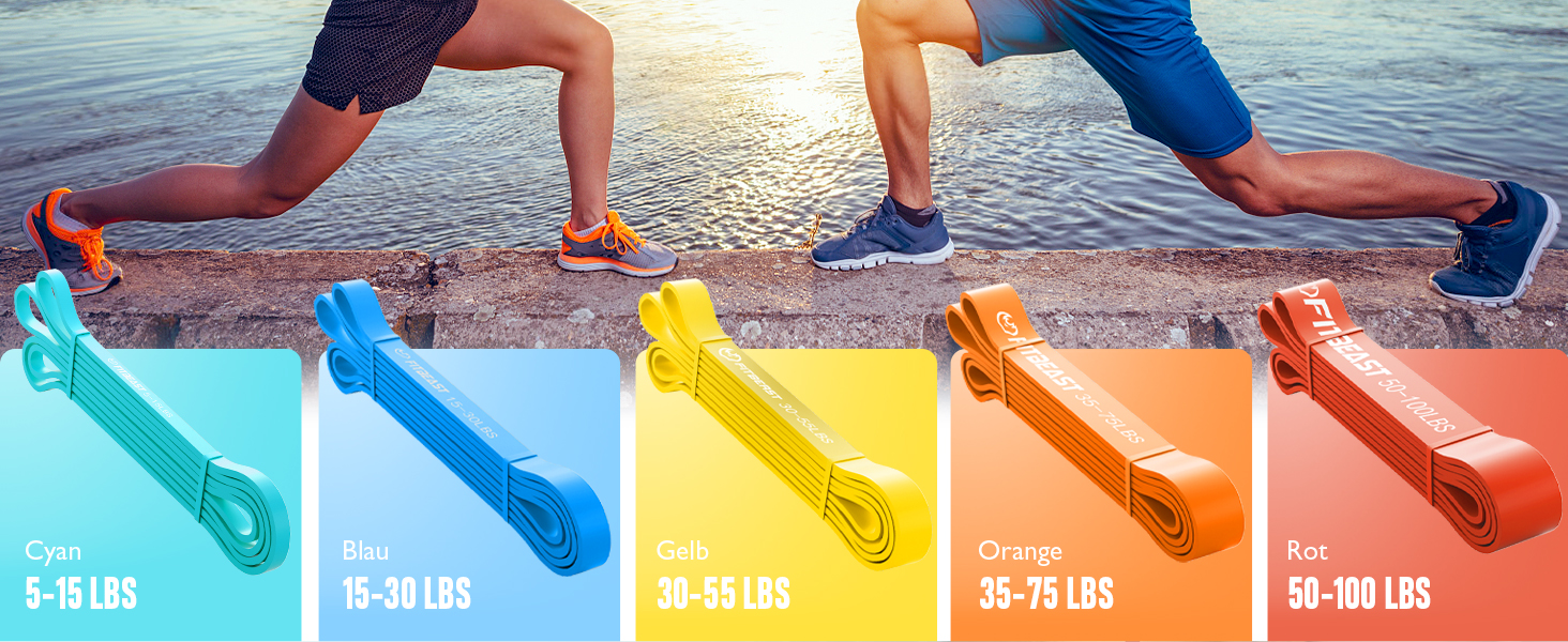 FitBeast Резистентні гумки для фітнесу, набір 5 рівнів, для силових тренувань, кросфіту, розвитку м'язів, домашніх тренувань, мобільності та розтяжки (багатобарвні, 5-100 lbs)