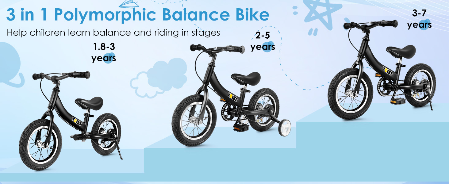 YBIKE 2-в-1: Біговел та дитяче велосипед, 12/14/16 дюймів, з гальмом та педалями, для дітей 1-7 років (Чорний, 16 дюймів)