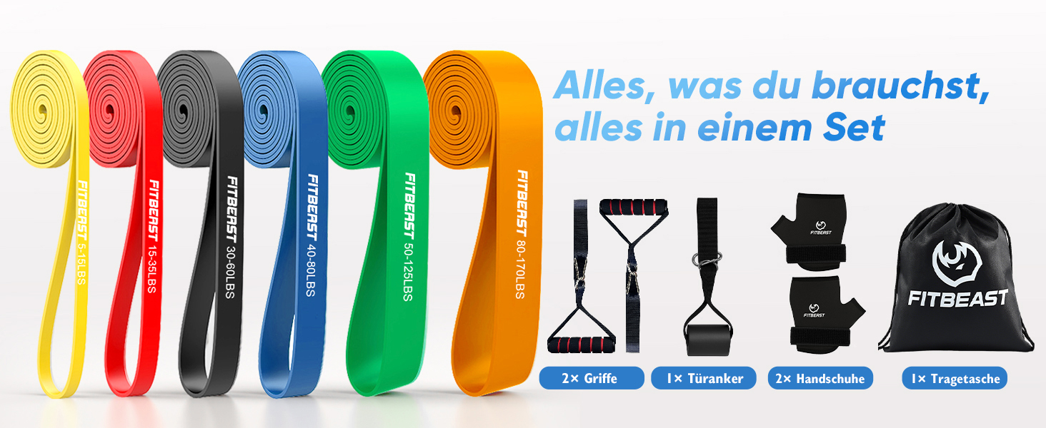 FitBeast Набір еластичних стрічок для фітнесу, гумок для тренувань з рукавичками та дверним анкером для силових тренувань та занять вдома (6 шт., 5-170 LBS)