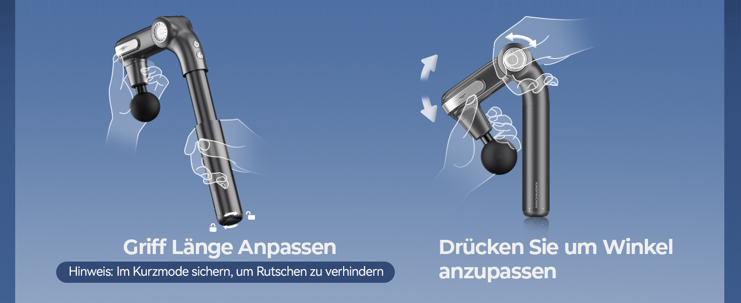 Масажер для тіла KingPavonini з висувним руків'ям та відкидним голівкою: масажна пістолета для спини з 3 кутами налаштування та 4 насадками, подарунок для чоловіків та жінок (сірий)