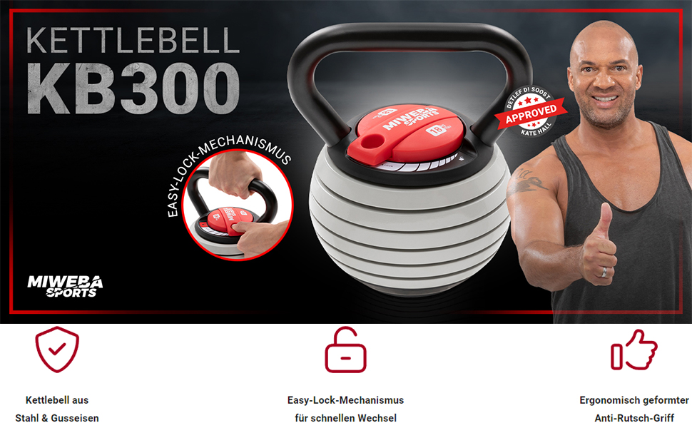 Регульована гиря Miweba Sports KB300 3,5-18 кг для фітнесу, Easy Lock, універсальна для тренувань у приміщенні та на вулиці