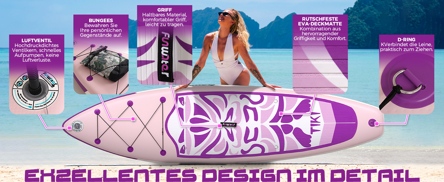 Надувний SUP-борд FunWater 10'6'-11'6' – ідеальний для початківців та сімей, з антиковзким EVA-деком, веслом, насосом та аксесуарами (10'6-TIKI LILA)