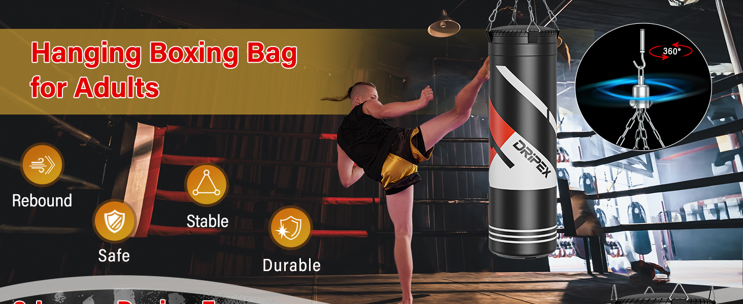 Боксерський мішок Dripex з наповнювачем, важкий підвісний боксерський мішок, комплект з міцним сталевим ланцюгом на 360° та боксерськими рукавичками для тренувань кікбоксингу, фітнесу, MMA
