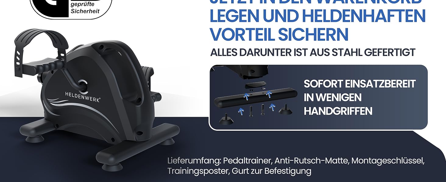 Тренажер для ніг та рук HELDENWERK Pedaltrainer Basic Set — домашній велотренажер для літніх людей та реабілітації, сертифікований TÜV/GS, з ременями та килимком