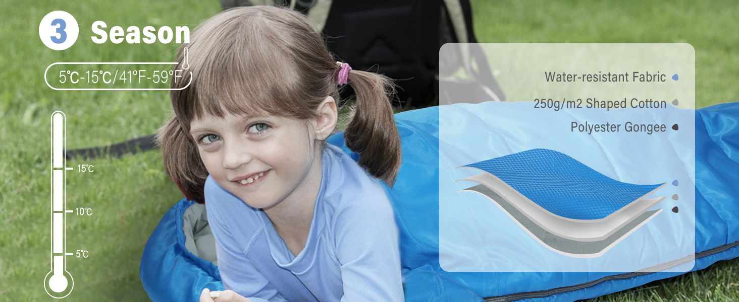 Спальний мішок REDCAMP для дітей, 175x65 см, блакитний/рожевий, 3-сезонний, для кемпінгу та відпочинку на природі