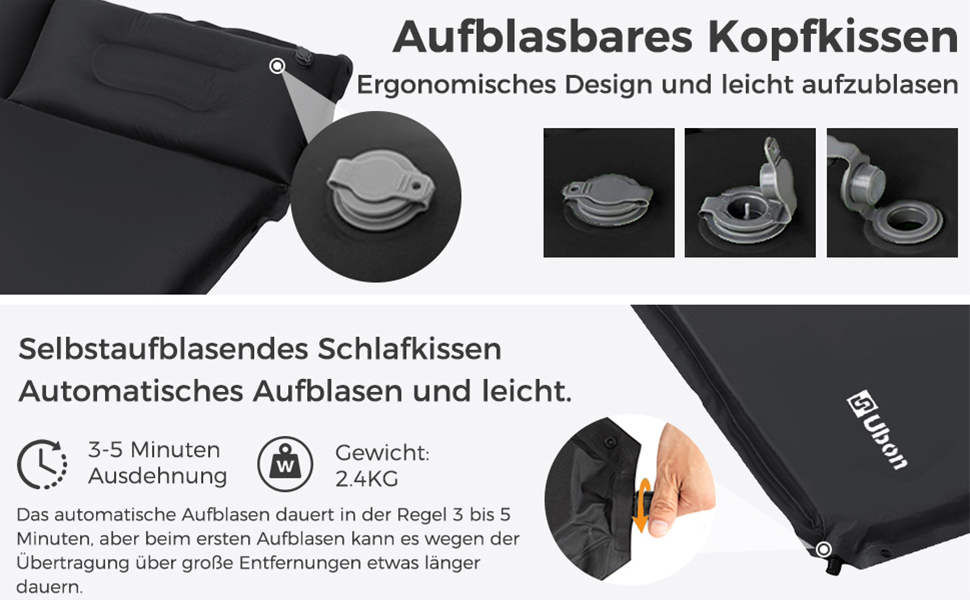 Надувна ізольована спальна матрац Ubon для 2 осіб, 3.6 см, чорний