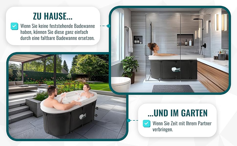 Зручна складана ванна для дорослих 147x74x60 см – комплект з аксесуарами для теплої та холодної ванни, портативна, для дому та відпочинку на природі, чорно-біла, MelodieGesund